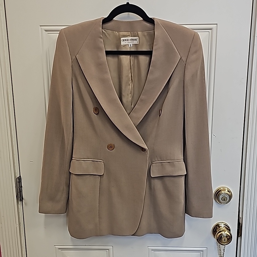 Designer, 80s, luxury, 90s, blazer, armani, tan, jacket, office, business, party